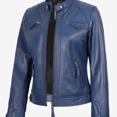Women’s Real Lambskin Blue Quilted Moto Jacket