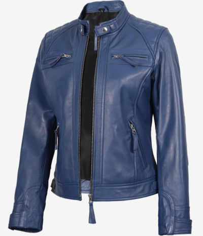 Women’s Real Lambskin Blue Quilted Moto Jacket