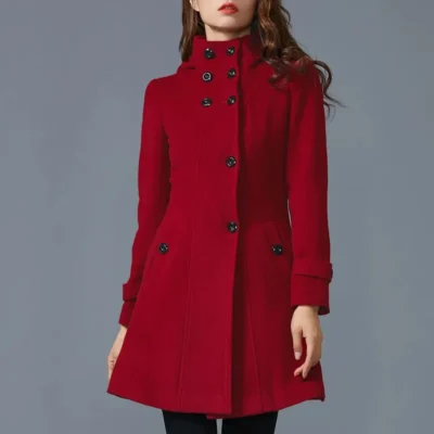 Women’s Red Hooded Single-Breasted Designer Coat