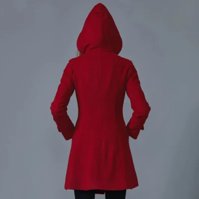 Women’s Red Hooded Single-Breasted Designer Coat