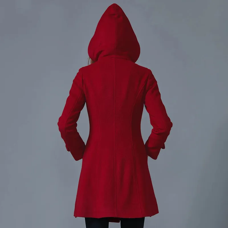 Women’s Red Hooded Single-Breasted Designer Coat