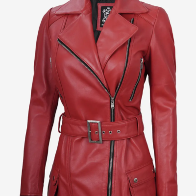 Womens Red Moto Leather-Jacket front