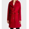 Women’s Red Wool Hooded Coat with Waist Belt