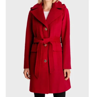 Women’s Red Wool Hooded Coat with Waist Belt