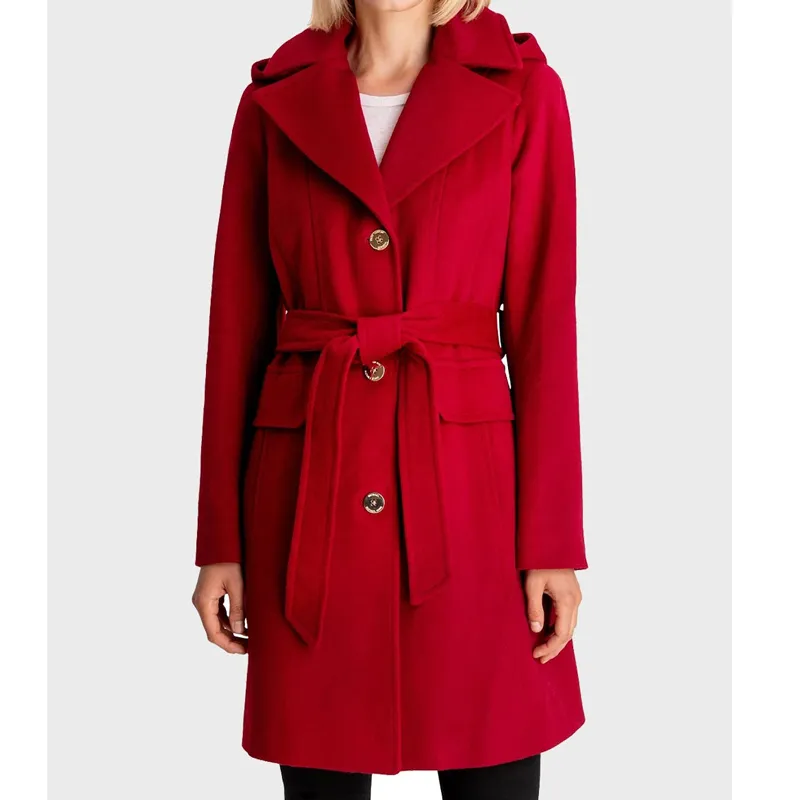 Women’s Red Wool Hooded Coat with Waist Belt