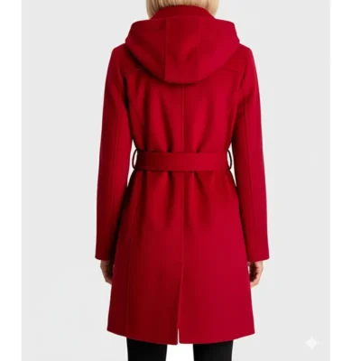 Women’s Red Wool Hooded Coat with Waist Belt