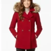 Women’s Red Wool Pea Coat with Cozy Fur-Trimmed Hood