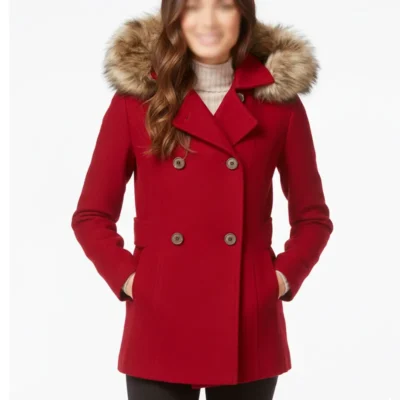 Women’s Red Wool Pea Coat with Cozy Fur-Trimmed Hood