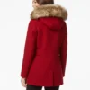 Women’s Red Wool Pea Coat with Cozy Fur-Trimmed Hood