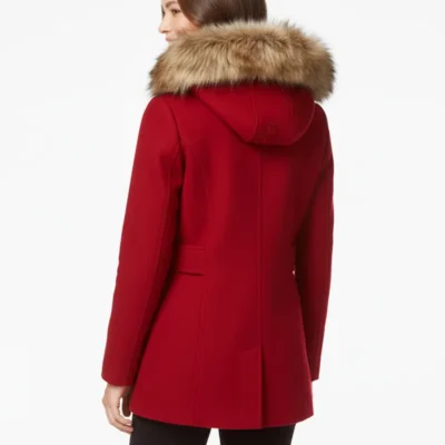 Women’s Red Wool Pea Coat with Cozy Fur-Trimmed Hood