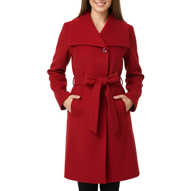 Women’s Red Wool Wrap Coat with Elegant Lapel and Belt