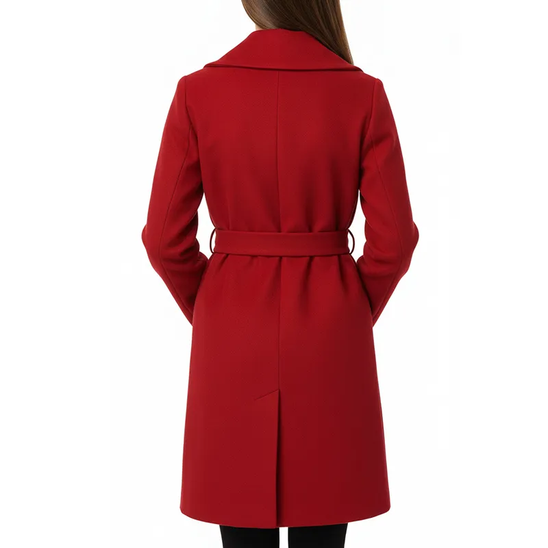 Women’s Red Wool Wrap Coat with Elegant Lapel and Belt