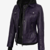 Women’s Removable-Hood Purple Bomber Leather Jacket