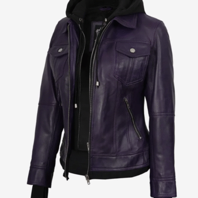 Women’s Removable-Hood Purple Bomber Leather Jacket