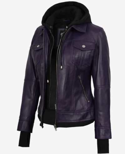 Women’s Removable-Hood Purple Bomber Leather Jacket