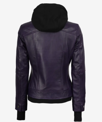 Women’s Removable-Hood Purple Bomber Leather Jacket