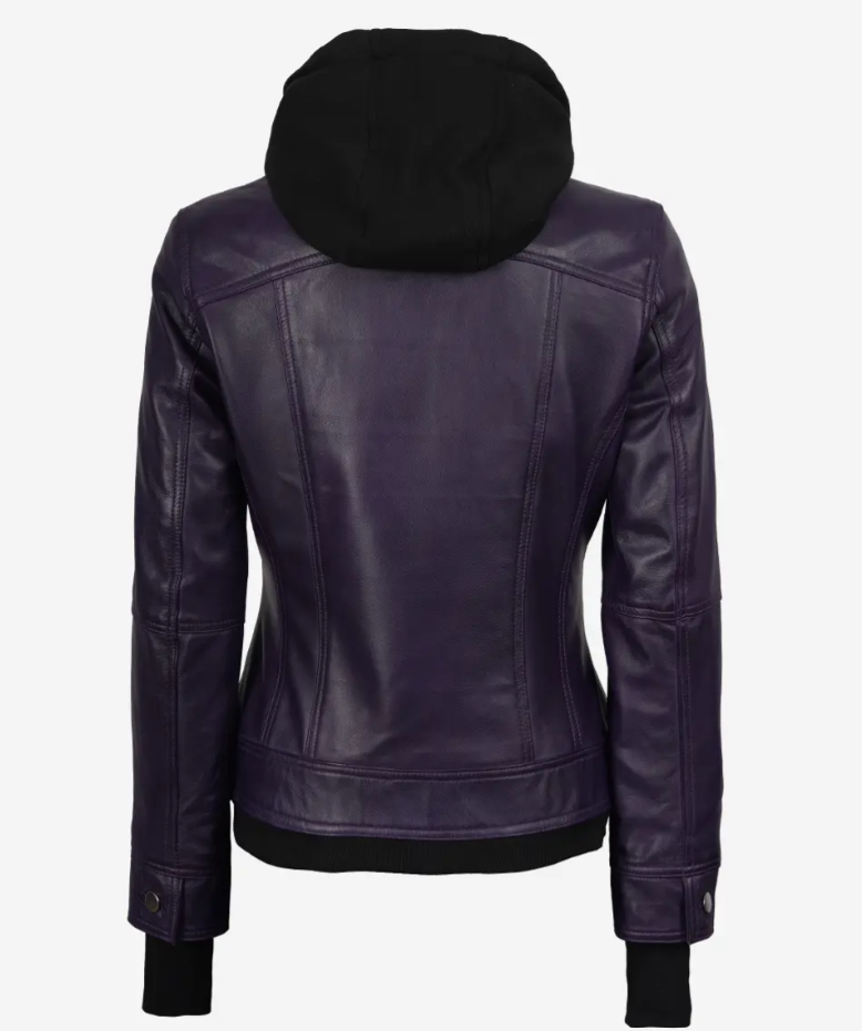 Women’s Removable-Hood Purple Bomber Leather Jacket