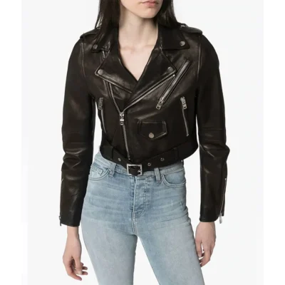 Women’s Sleek Black Cropped Biker Leather Jacket