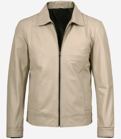Beige Genuine Leather Harrington Jacket for Men