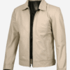 Beige Genuine Leather Harrington Jacket for Men