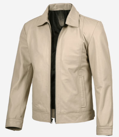 Beige Genuine Leather Harrington Jacket for Men