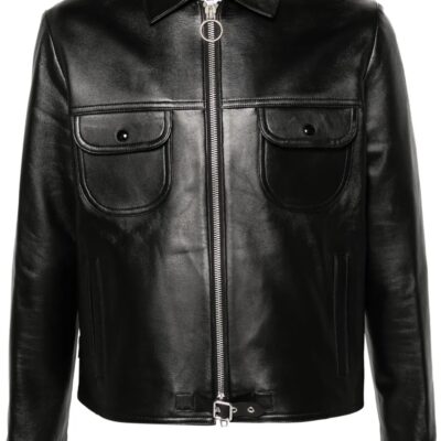 Black Lambskin Leather Trucker Jacket with Buckle