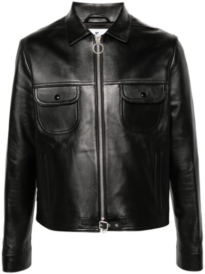 Black Lambskin Leather Trucker Jacket with Buckle