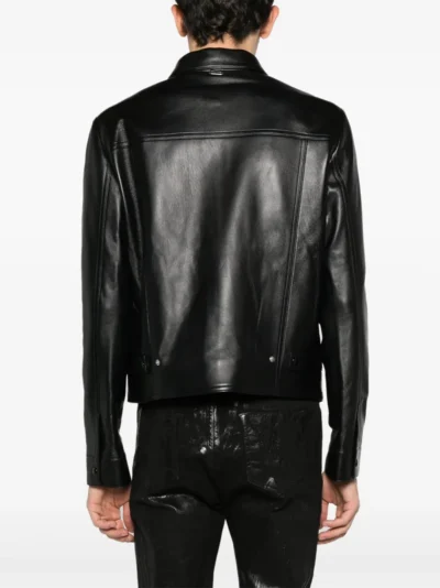 Black Lambskin Leather Trucker Jacket with Buckle