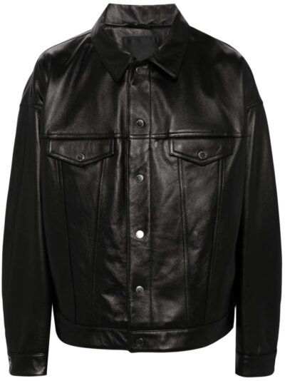 Black Leather Sabbath Trucker Jacket with Button Fastening