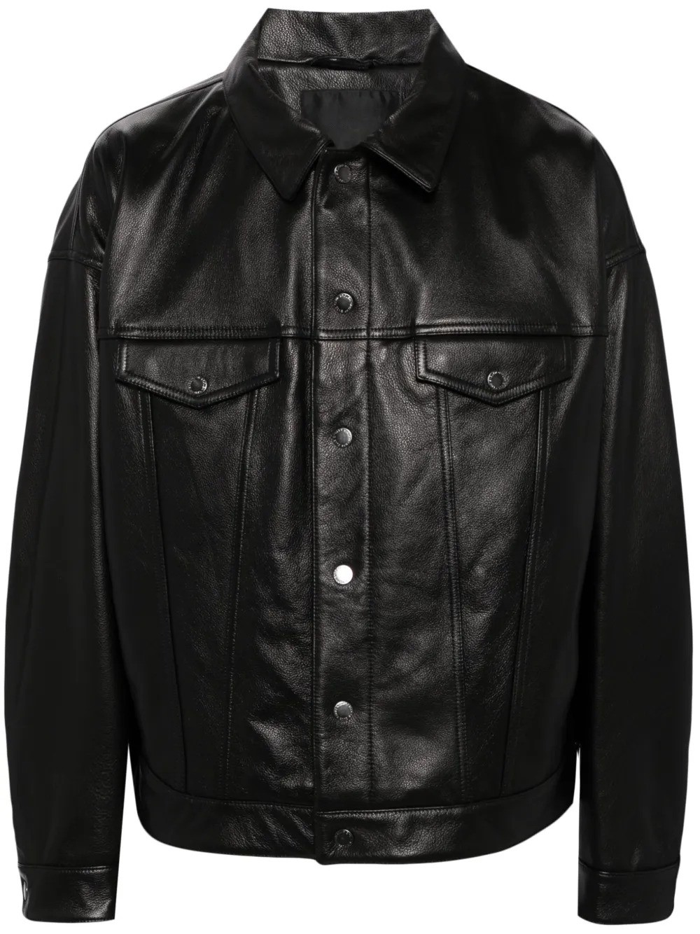Black Leather Sabbath Trucker Jacket with Button Fastening