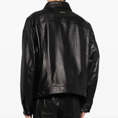 Black Leather Sabbath Trucker Jacket with Button Fastening