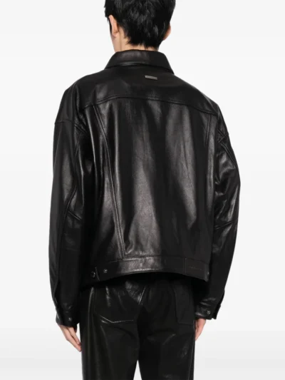 Black Leather Sabbath Trucker Jacket with Button Fastening