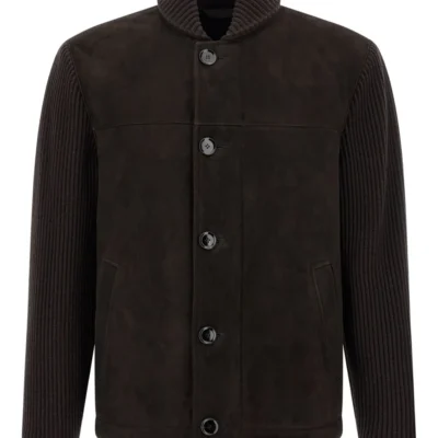 Brown Edge Ribbed-Sleeve Suede Jacket