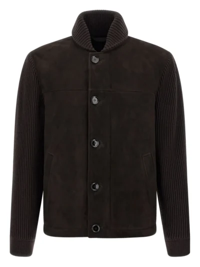 Brown Edge Ribbed-Sleeve Suede Jacket