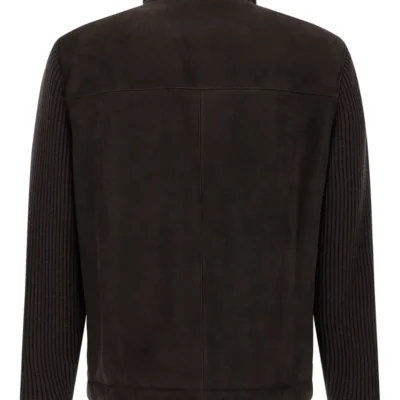 Brown Edge Ribbed-Sleeve Suede Jacket