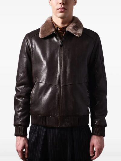 Coffee Brown Aviator-Style Jacket with Front Zip