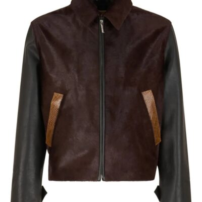 Dark Brown Calf-Hair Leather Jacket with Snakeskin-Print Pockets