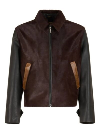Dark Brown Calf-Hair Leather Jacket with Snakeskin-Print Pockets