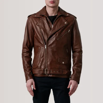 Kole Waxed Leather Double Rider Jacket in Brown