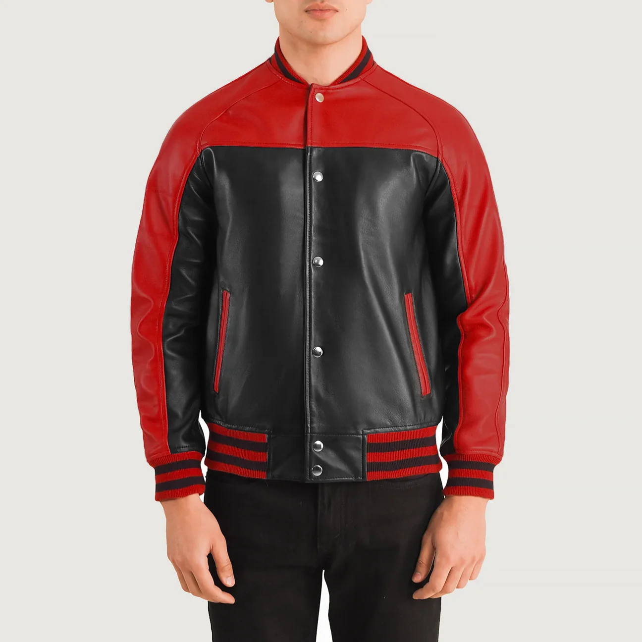 Leather Varsity Jacket Terrance Black & Red