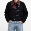 Men’s Black Denim Fireman Clasp Jacket with Classic Leather Collar