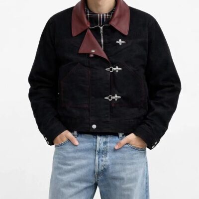 Men’s Black Denim Fireman Clasp Jacket with Classic Leather Collar