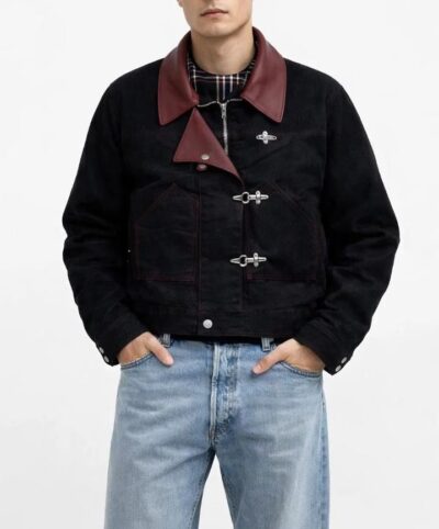 Men’s Black Denim Fireman Clasp Jacket with Classic Leather Collar