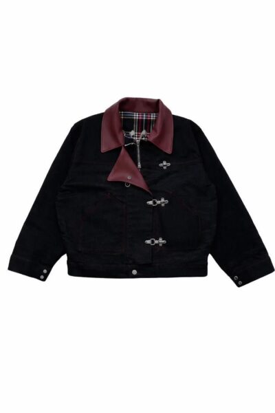 Men’s Black Denim Fireman Clasp Jacket with Classic Leather Collar