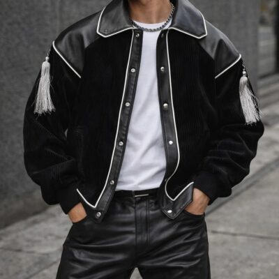 Men’s Designer Black Bomber Jacket with Tassel Accents