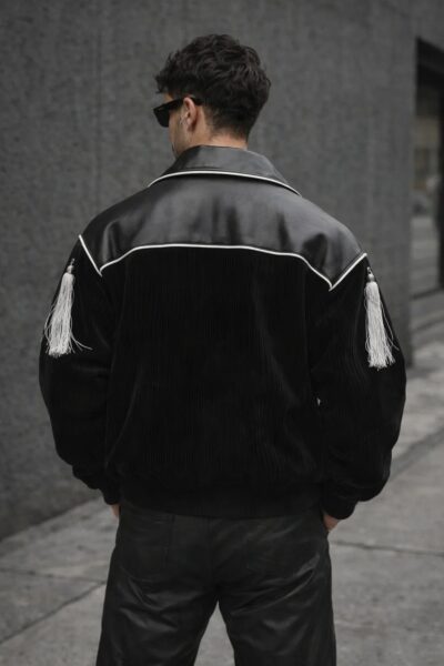 Men’s Designer Black Bomber Jacket with Tassel Accents