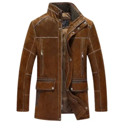 Men’s Retro Brown Standing-Collar Winter Coat