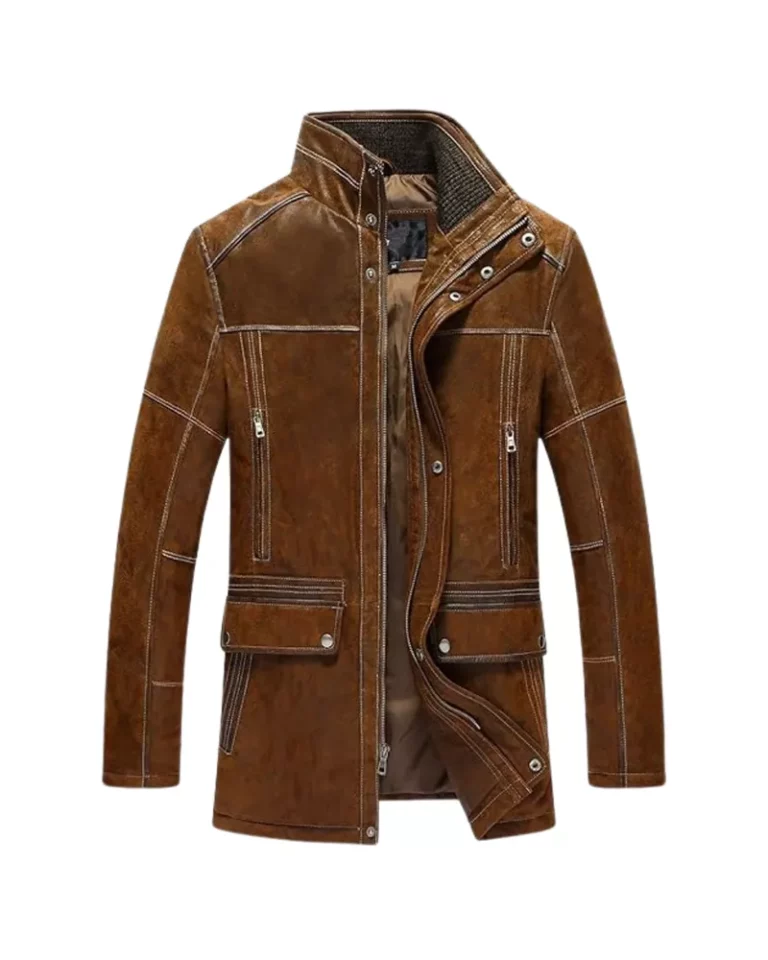 Men’s Retro Brown Standing-Collar Winter Coat