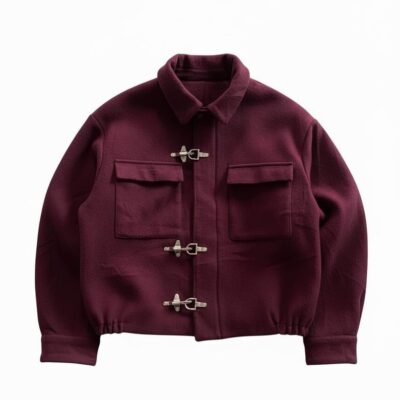 Retro Aviator Men’s Maroon Wool Bomber Jacket with Buckle Closure