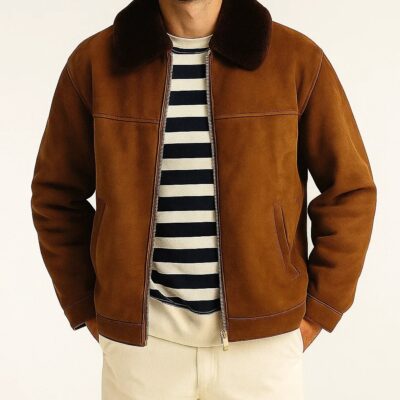 Tobacco Brown Lambskin Suede Jacket with Shearling Collar
